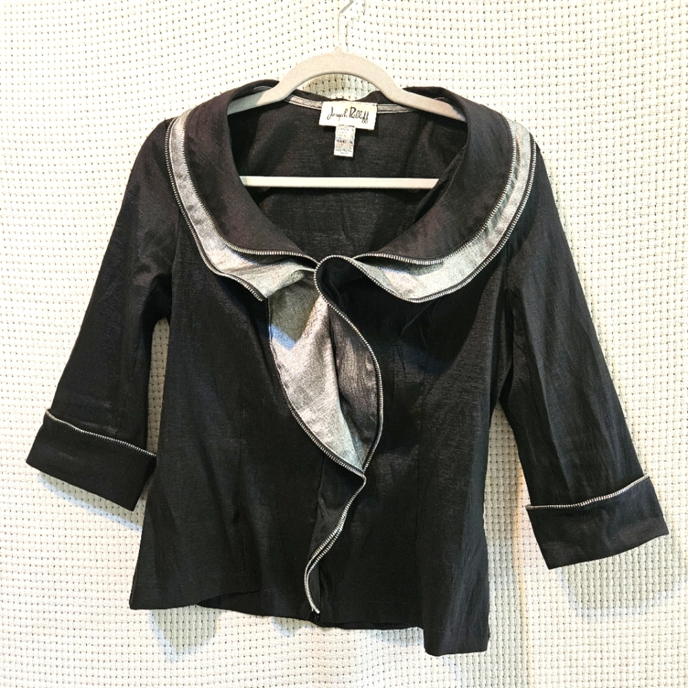 Joseph Ribkoff Sz 10 Black, Silver Zippered Statement Contemporary Dress Jacket